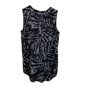 NYDJ Sleeveless Sheer Blue White Tropical Print Blouse Half Button Pin Tuck XS